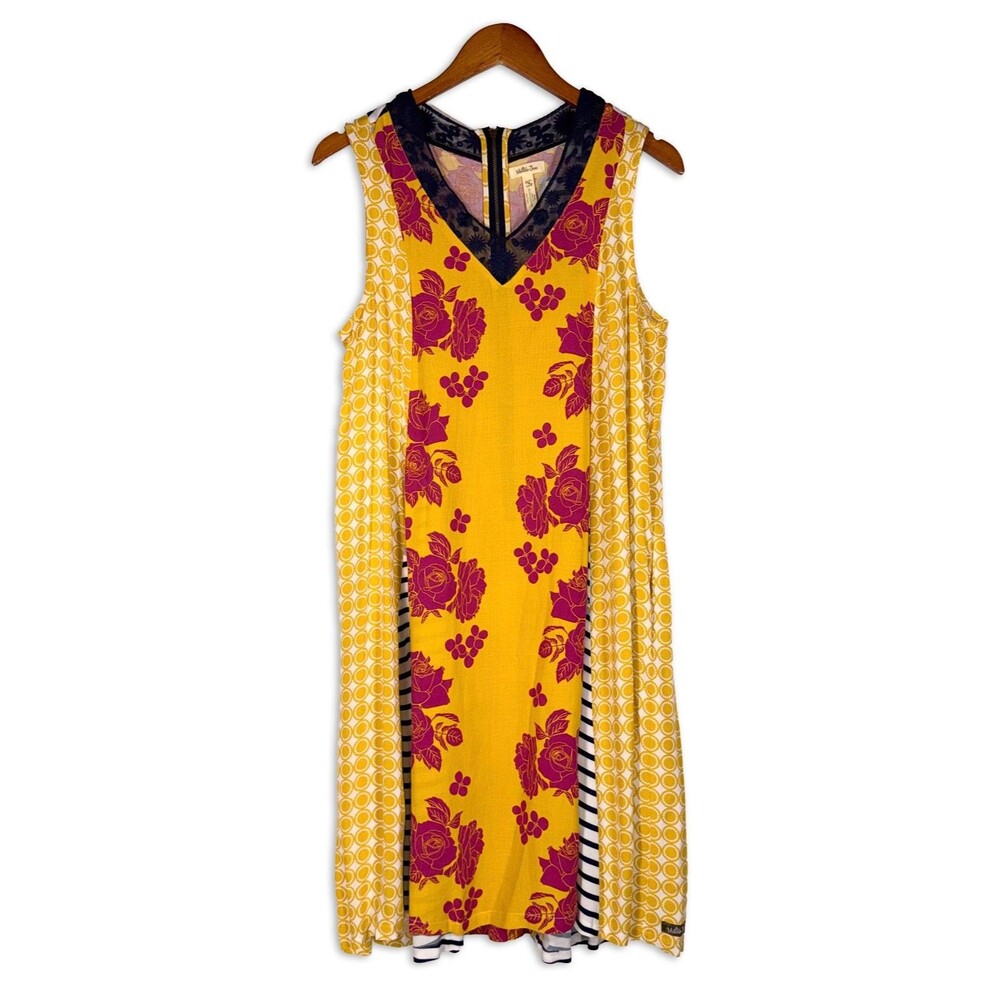 Matilda Jane Patchwork Midi Dress Size M Yellow Floral Mixed Print Boho Artsy